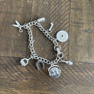 VTG 7" Coro Charm Bracelet Silver Tone Lucky‎ Horse Shoe Scissors Key 8 Charms